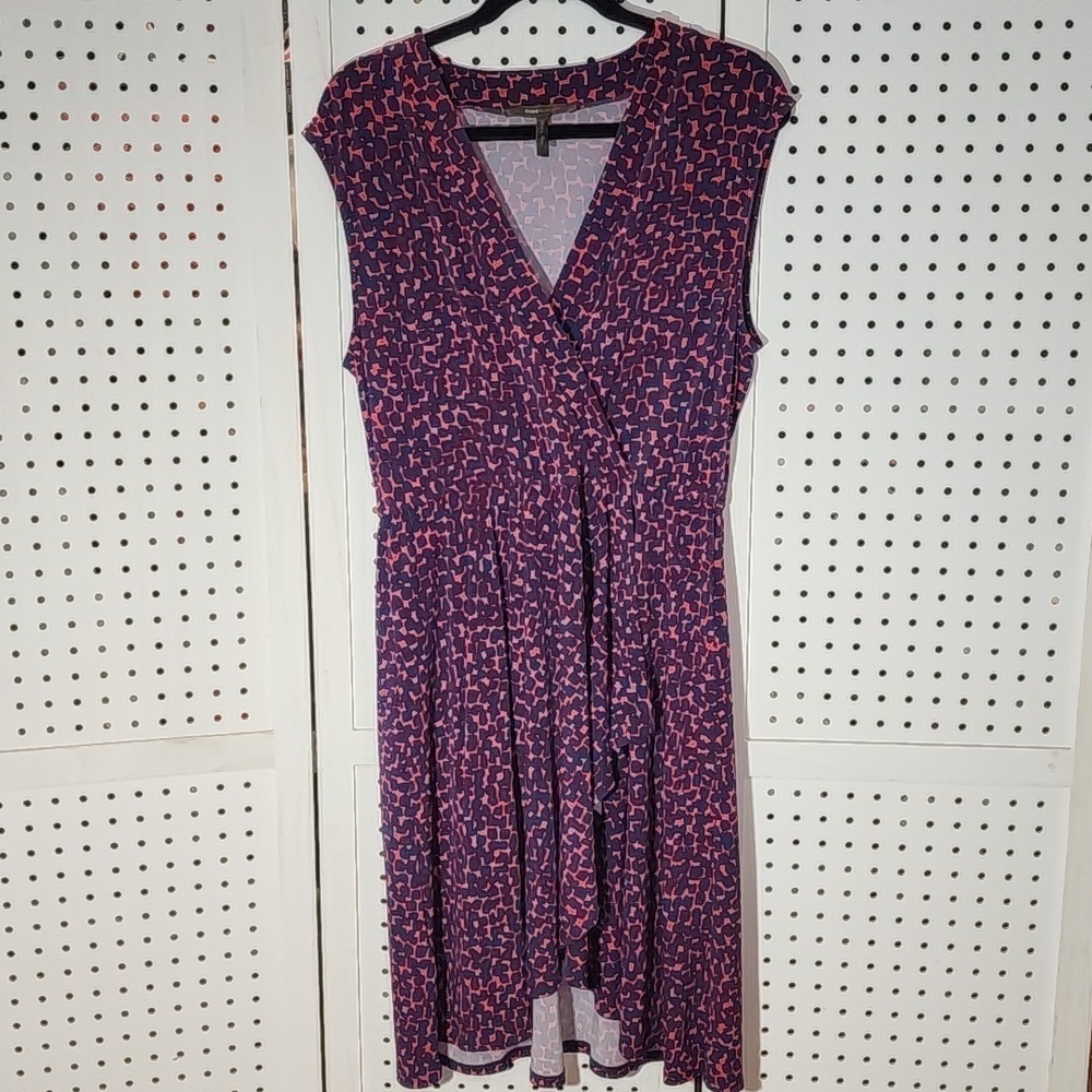BCBGMaxAzria Size Large Wrap Midi Dress Stretch Lightweight Red & Blue V-Neck